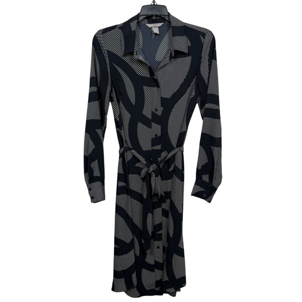 H&M Shirt Dress XS Black White Stripe Geometric Button Front Workwear
